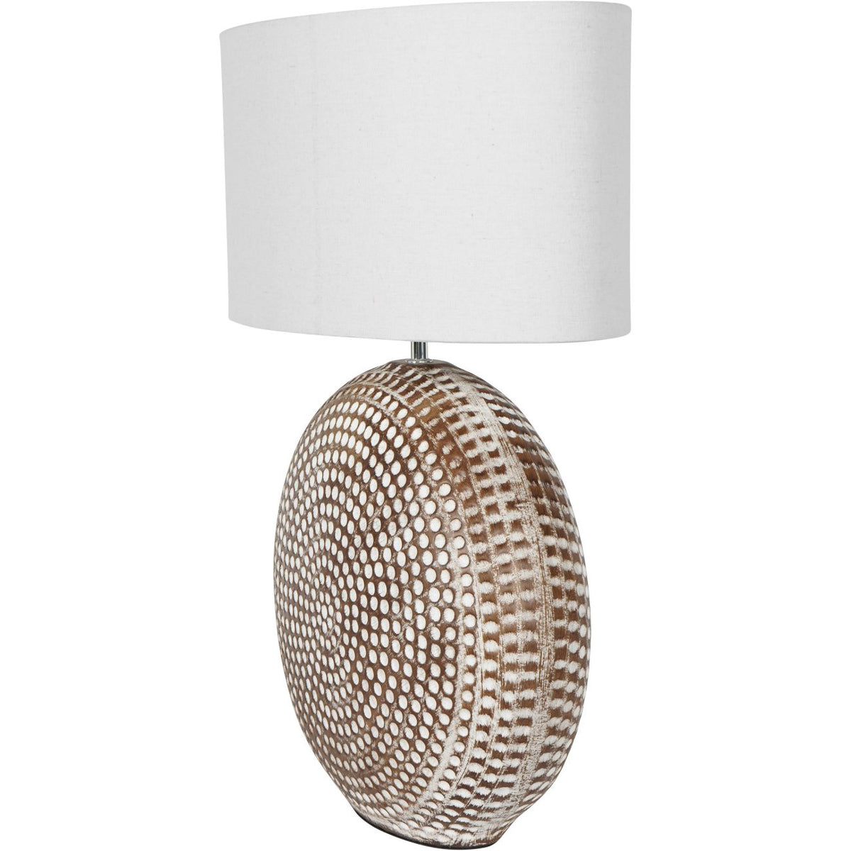 Side profile of the slim ceramic lamp showing the flat drum base design and narrow depth