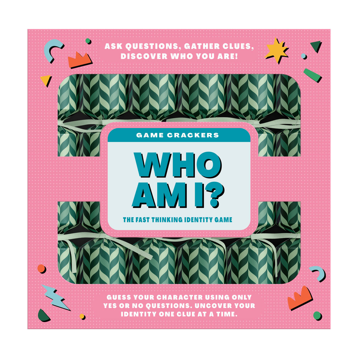 Box of 6 Who Am I identity game crackers in pink packaging with green patterned crackers visible.