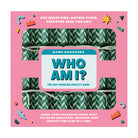 Box of 6 Who Am I identity game crackers in pink packaging with green patterned crackers visible.