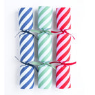Six striped game crackers arranged vertically showing blue, green, and red colour options.