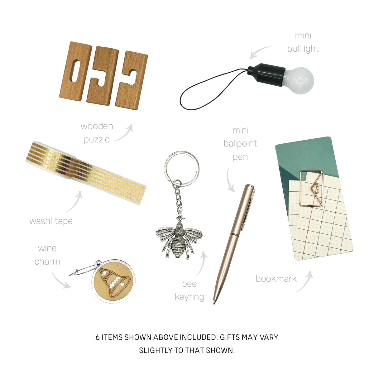 Overview of potential novelty gifts including a wooden puzzle, bee keyring, and mini ballpoint pen.