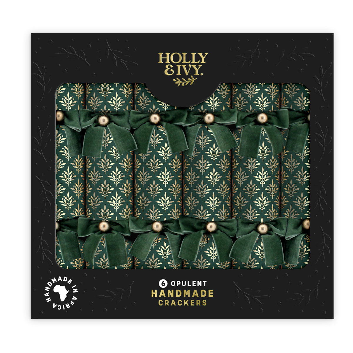Box of six green and gold Christmas crackers with velvet bows in a black presentation box.