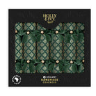 Box of six green and gold Christmas crackers with velvet bows in a black presentation box.