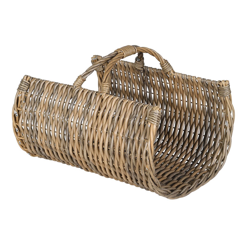 Half-round rattan log basket with a sturdy woven handle showing the open-ended design