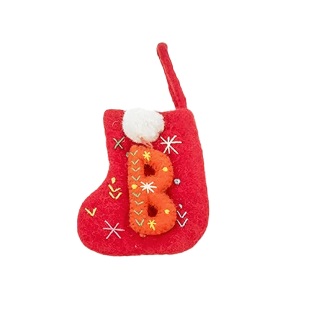 Miniature red felt stocking decoration with an orange embroidered letter B and snowflake patterns