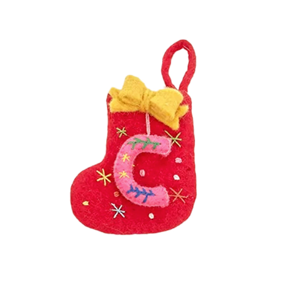 Handmade red felt stocking ornament with a pink embroidered letter C and yellow bow