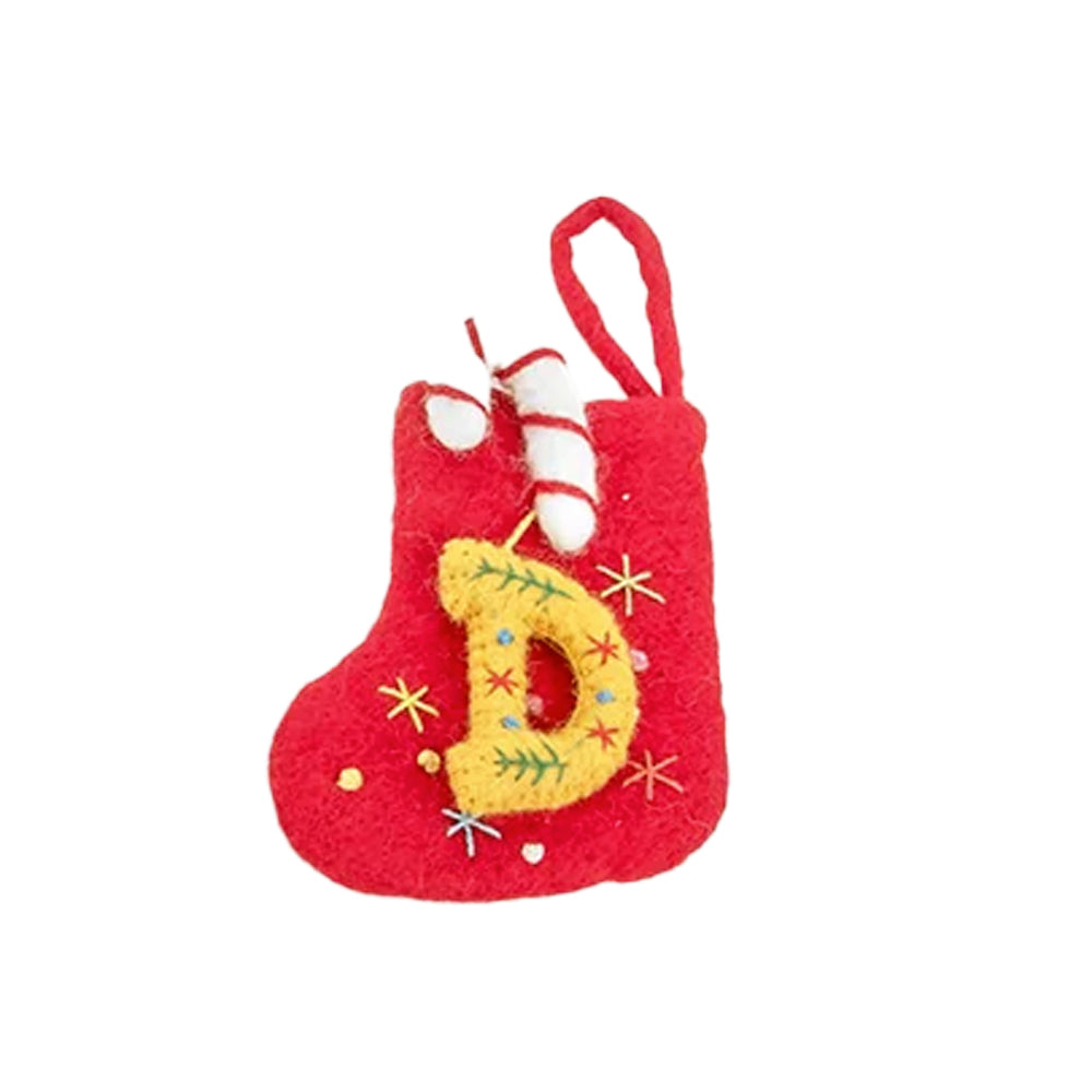 Small red felt stocking with a yellow embroidered letter D and candy cane detail
