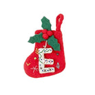 Red felt alphabet stocking featuring a white embroidered letter E and holly leaves