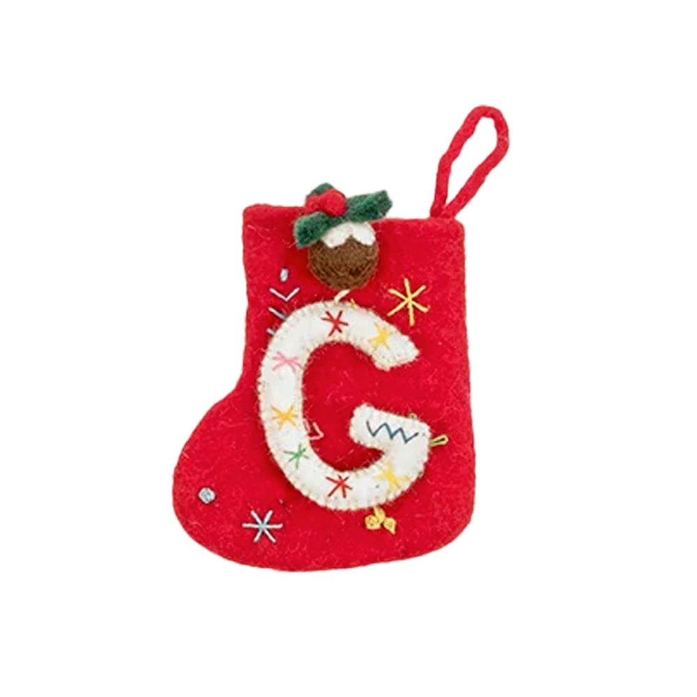 Red felt Christmas stocking with a white embroidered letter G and Christmas pudding detail