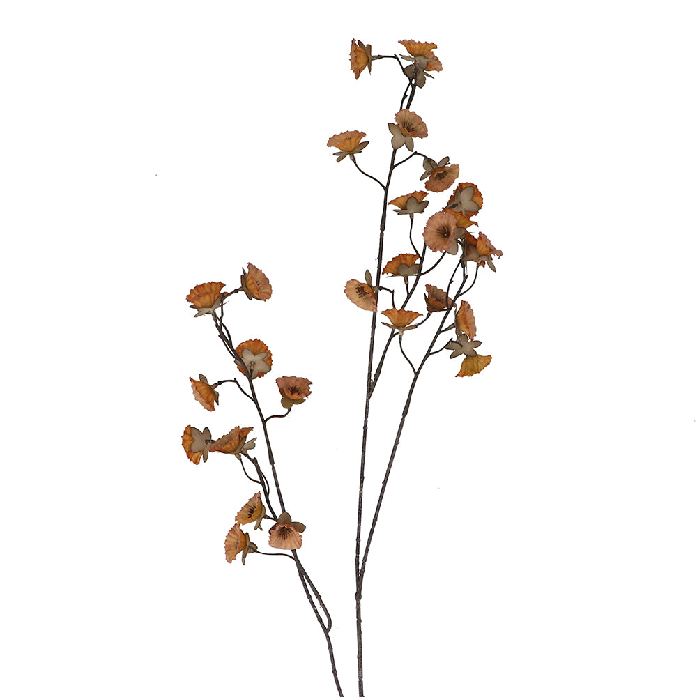 Antique yellow mini morning glory faux spray featuring detailed dark yellow blossoms on tall brown stems