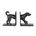 Side view of vintage hound bookends showing the front and back of the dog sculpture.
