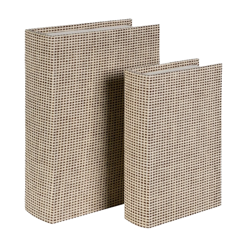 Set of two beige book boxes with a textured grid pattern, shown in large and small sizes against a white background.