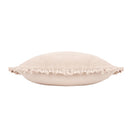 Side profile of the Bertie natural velvet cushion showing the plush feather filling and ruffled edge