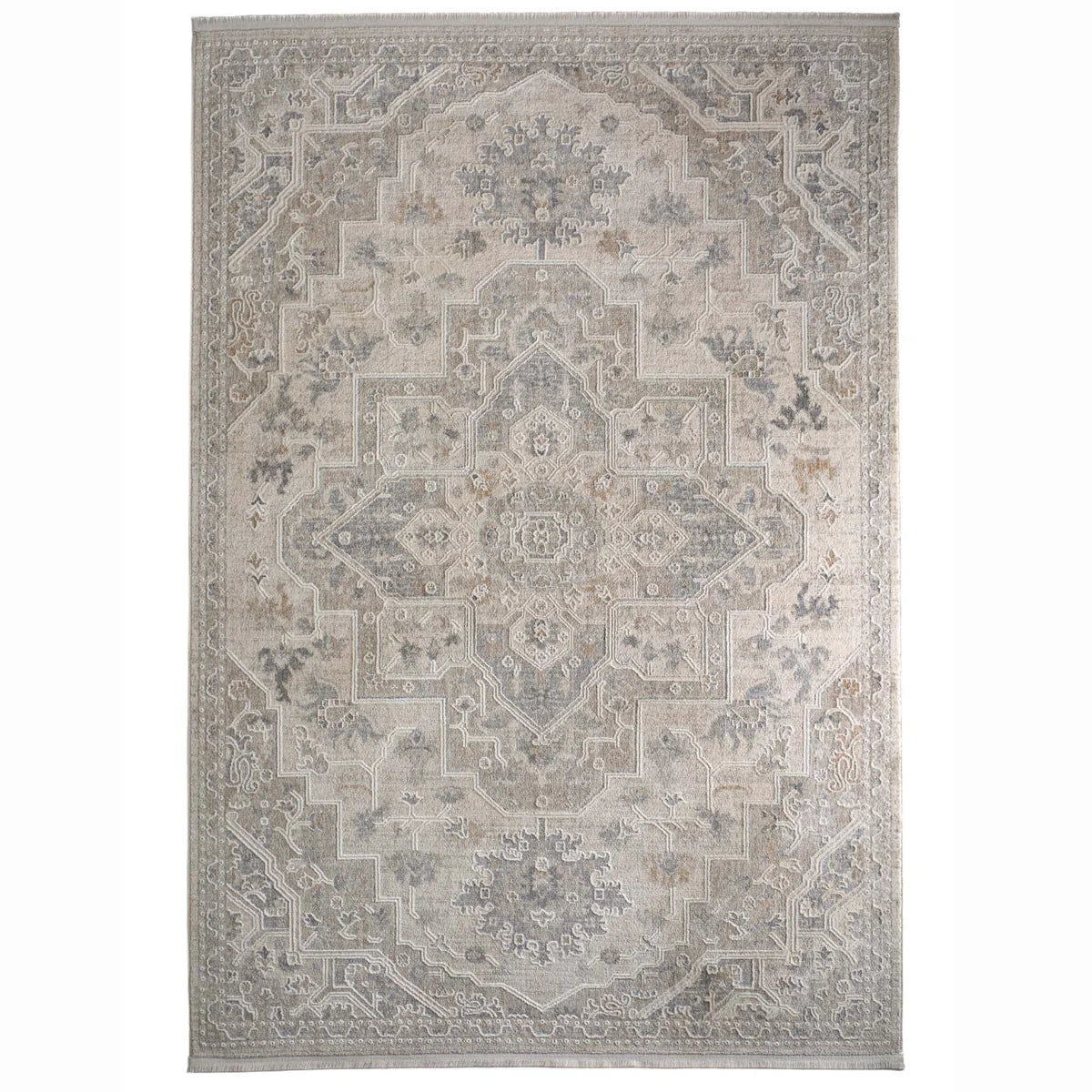 Overhead view of the Opulent Bijou Cream rug showing the central geometric Persian motif and neutral tones.