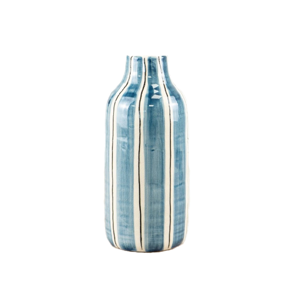 Large blue and white striped bottle vase featuring a tapered neck and rounded shoulders.