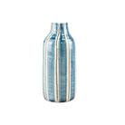 Large blue and white striped bottle vase featuring a tapered neck and rounded shoulders.