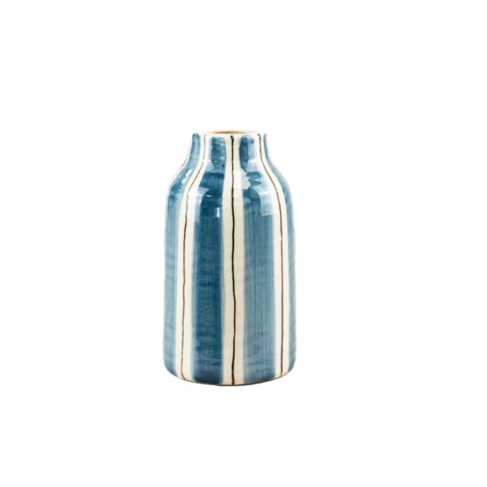 Medium bottle-shaped vase with blue and white vertical stripes and thin hand-painted line accents.