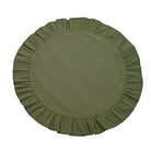 Circular olive green cotton placemat with a wide ruffled border on a white background.
