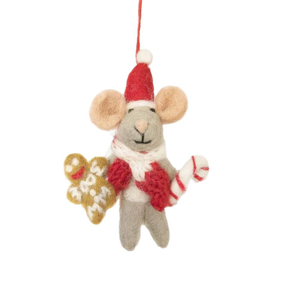 Handmade felt mouse decoration wearing a Santa hat and red scarf, holding a gingerbread man and candy cane.