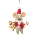 Handmade felt mouse decoration wearing a Santa hat and red scarf, holding a gingerbread man and candy cane.