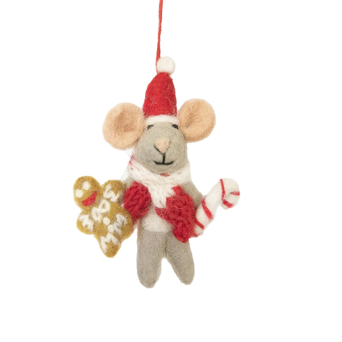 Handmade felt mouse decoration wearing a Santa hat and red scarf, holding a gingerbread man and candy cane.