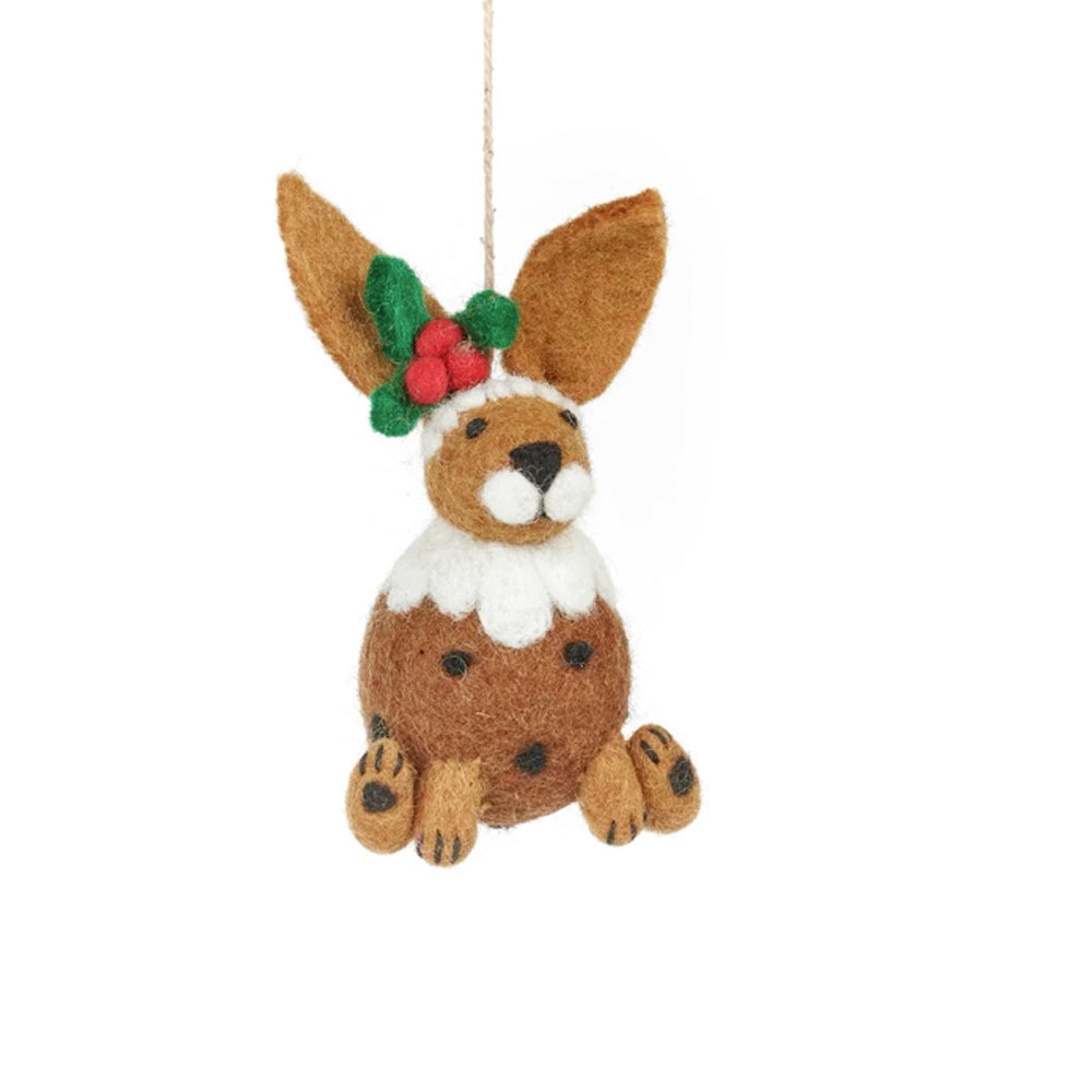 Felt hare Christmas decoration designed to look like a Christmas pudding with holly and icing details.