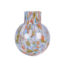 Bulbous glass vase with blue, orange, and green speckle pattern against a white background.