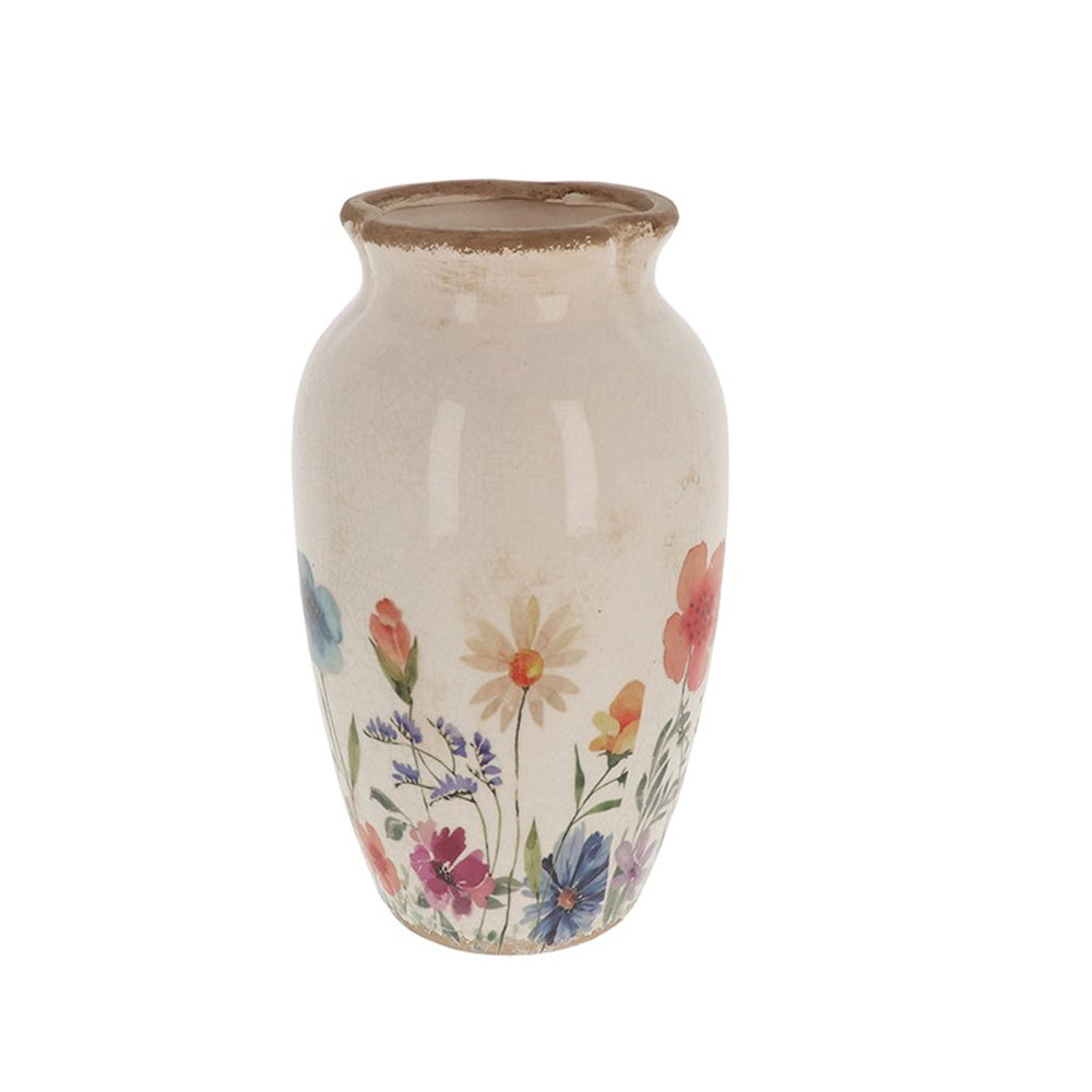 Cottage Garden Vase featuring a cream ceramic body with a colourful wildflower motif and rustic brown rim.