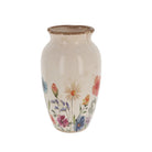 Cottage Garden Vase featuring a cream ceramic body with a colourful wildflower motif and rustic brown rim.