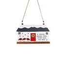 Cottage with Loving Robins hanging decoration featuring a white snow-topped house, red door and robin illustrations.
