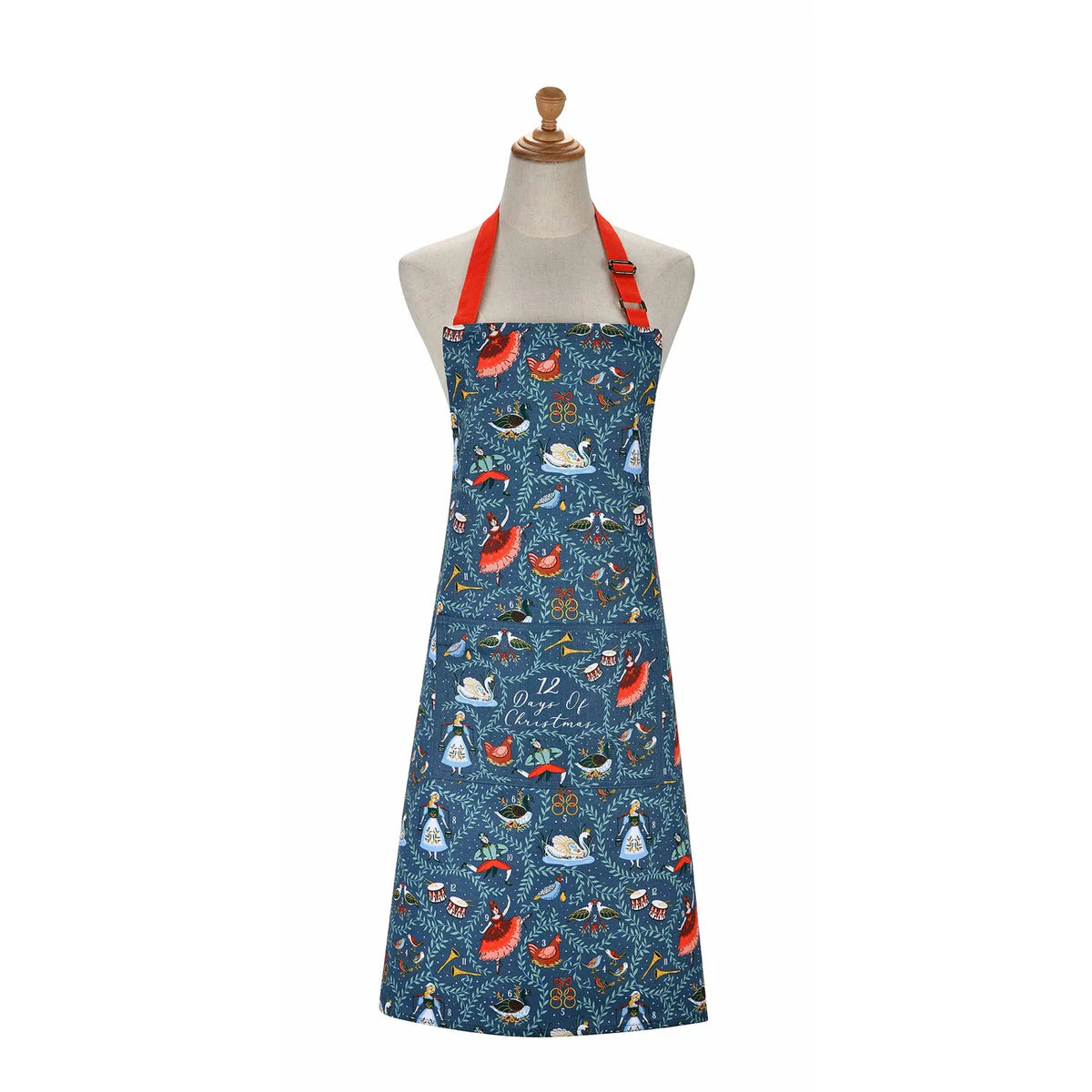 Navy blue 12 Days of Christmas apron on a mannequin showing the full design and adjustable red neck strap.