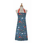 Navy blue 12 Days of Christmas apron on a mannequin showing the full design and adjustable red neck strap.