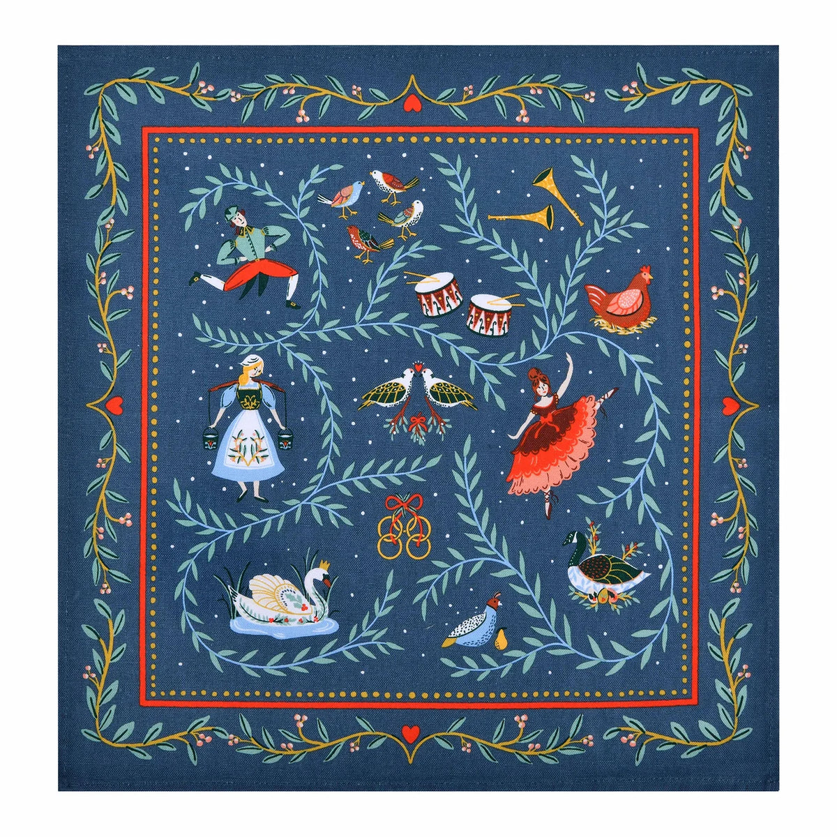 Navy blue cotton napkin featuring 12 Days of Christmas illustrations including a swan, drummer, and dancing lady.