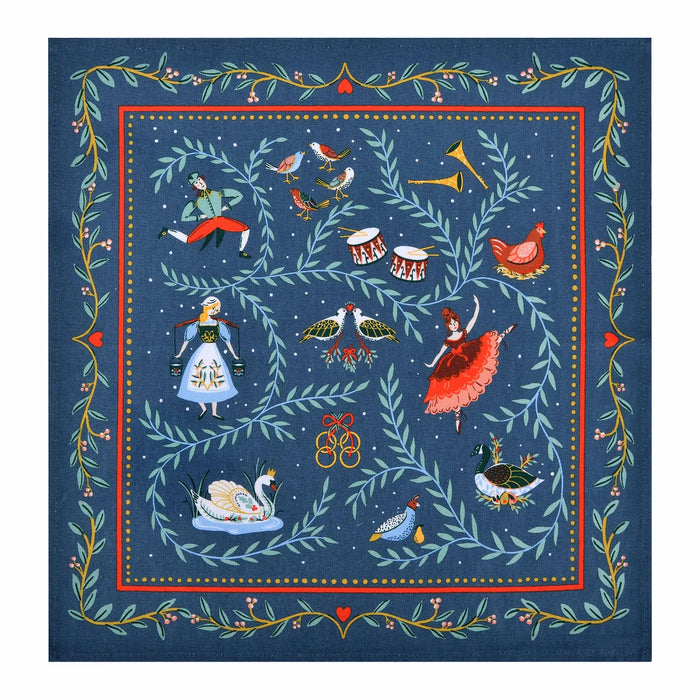 Navy blue cotton napkin featuring 12 Days of Christmas illustrations including a swan, drummer, and dancing lady.