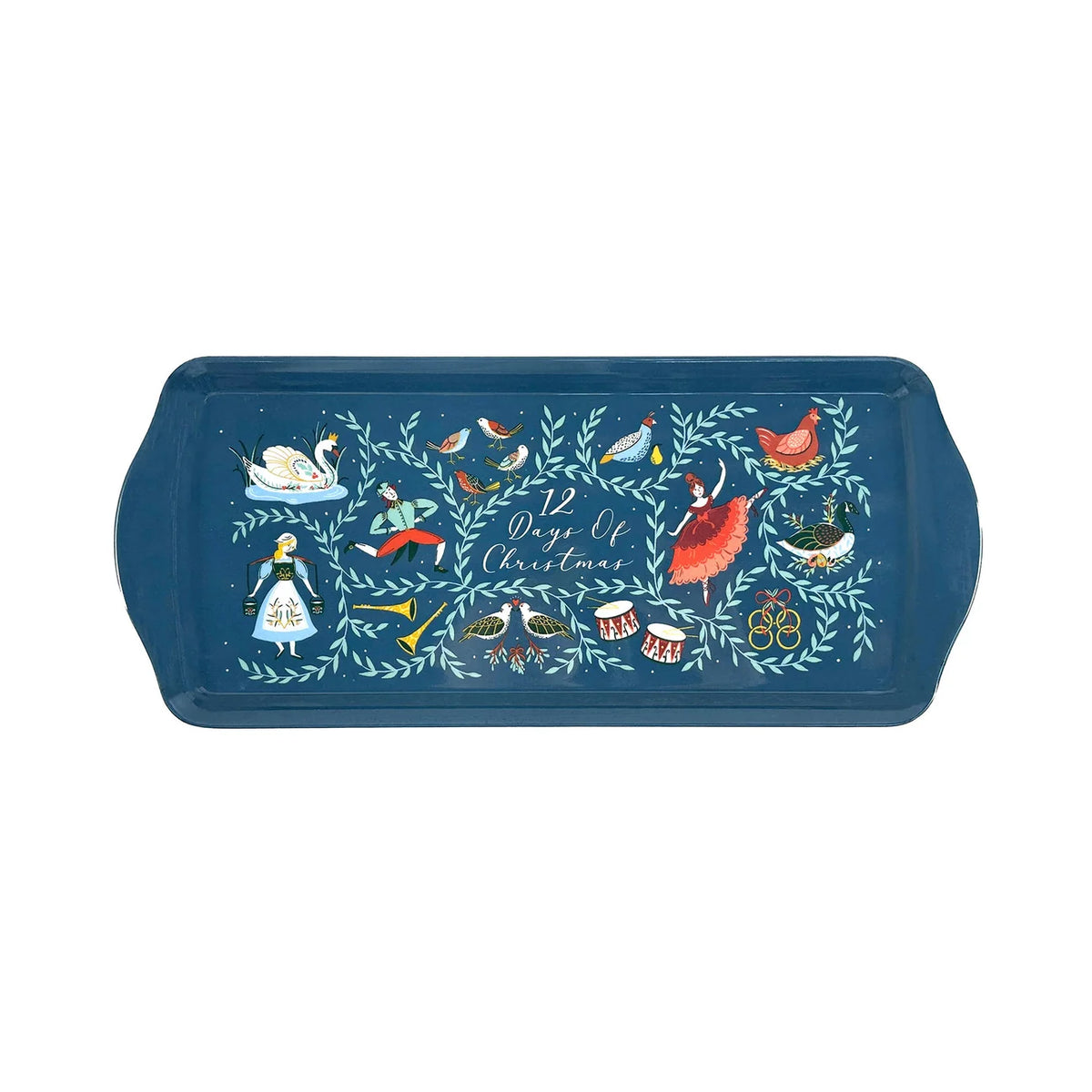 Navy blue 12 Days of Christmas sandwich tray with storybook-style illustrations of lords, ladies, and swans.