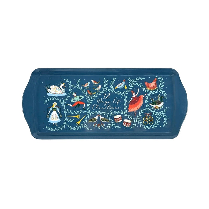 Navy blue 12 Days of Christmas sandwich tray with storybook-style illustrations of lords, ladies, and swans.