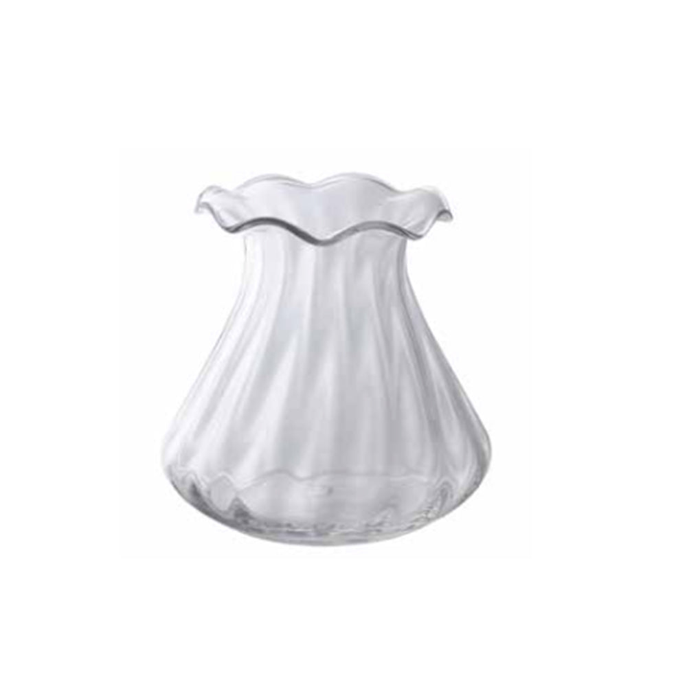 Clear glass vase with a flared, wavy rim and a wide textured base against a plain white background.