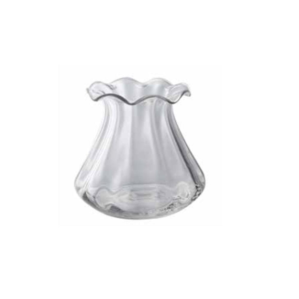 Small clear glass vase with a flared, wavy rim and wide base, showcasing a ripple-effect silhouette.