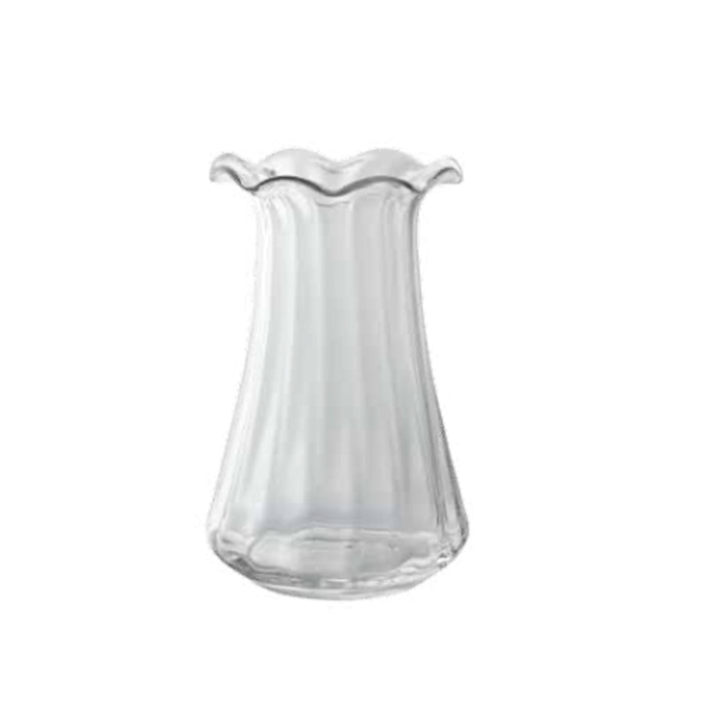 Devon Shore Lundy Tall Vase in clear glass with a delicate scalloped rim and fluted base against a white background.