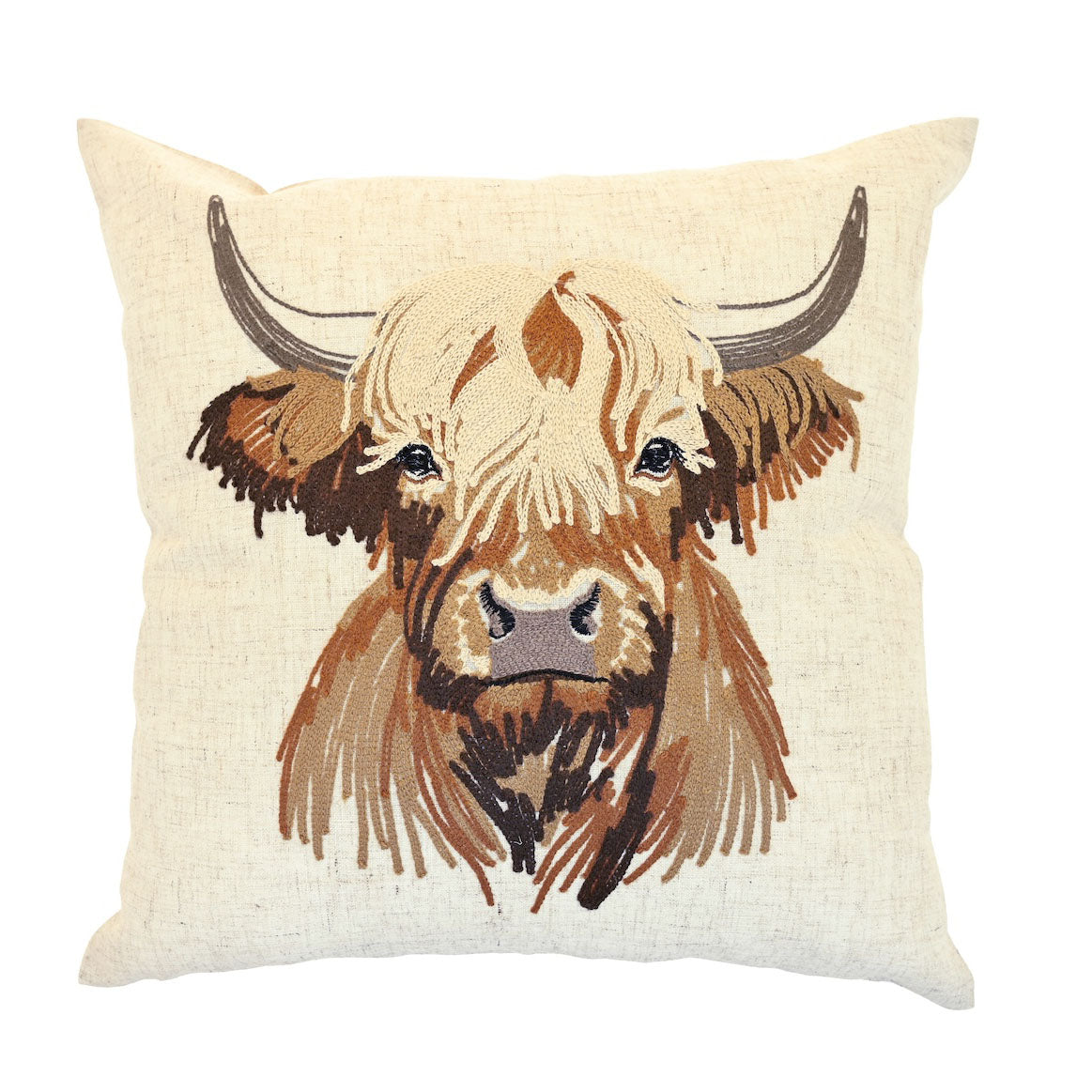 Square linen-blend cushion with a detailed embroidered highland cow head in neutral and brown tones.