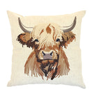Square linen-blend cushion with a detailed embroidered highland cow head in neutral and brown tones.
