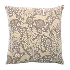 Square taupe cushion with cream embroidery depicting deer, rabbits, and squirrels among woodland trees.