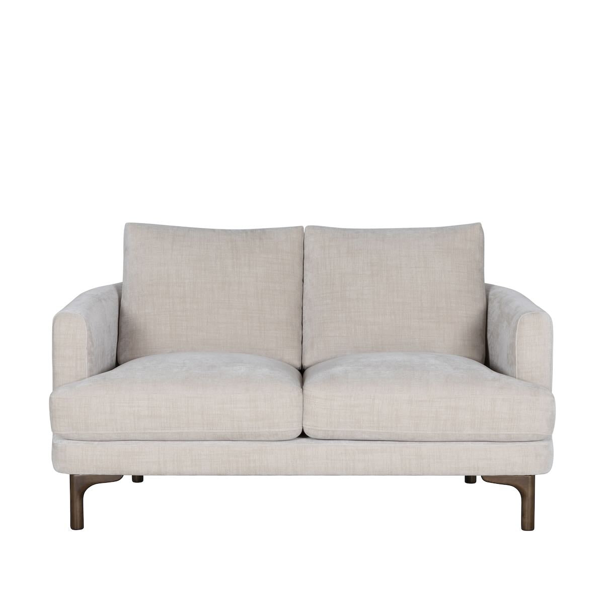 Front view of the Florence 2-seat sofa in light beige fabric showing slender armrests and dark wood legs