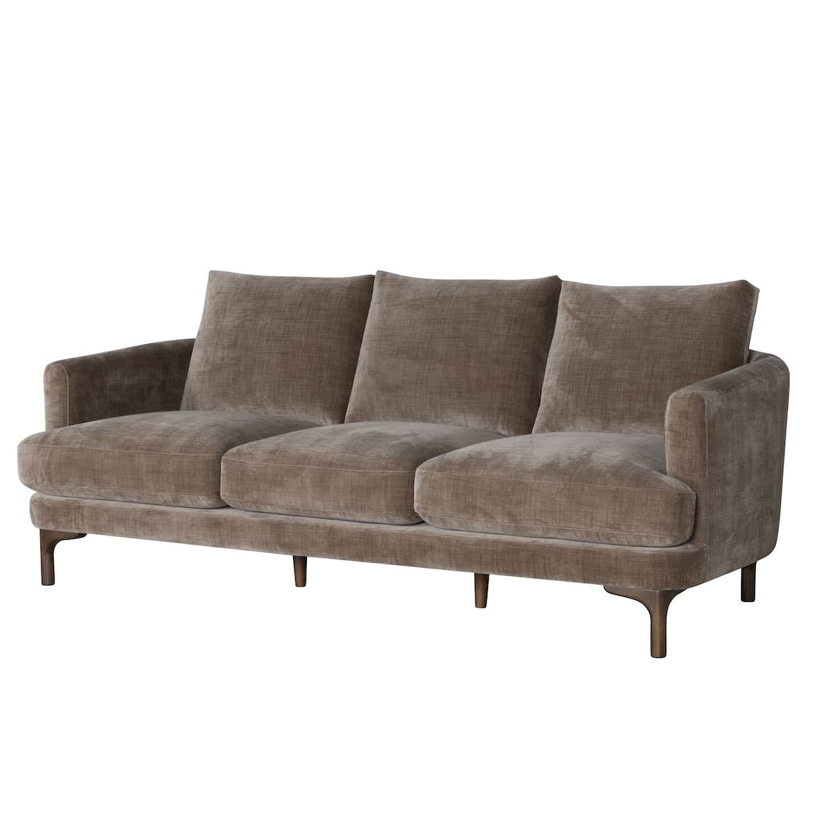 Angled view of the Florence 3-seat sofa in brown velvet-textured fabric showing three back cushions