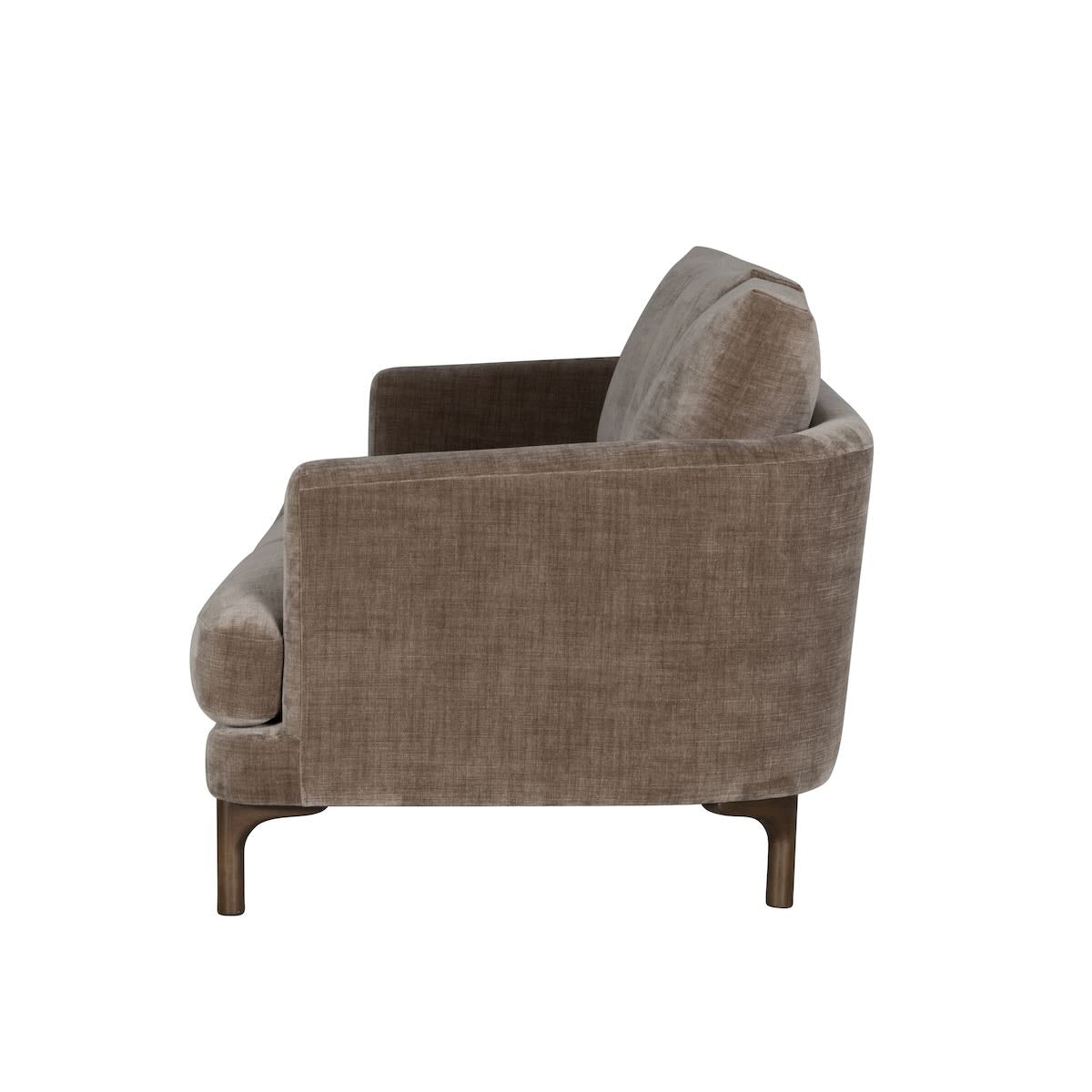 Side profile of the Florence sofa showing the curved back and dark wood leg detail