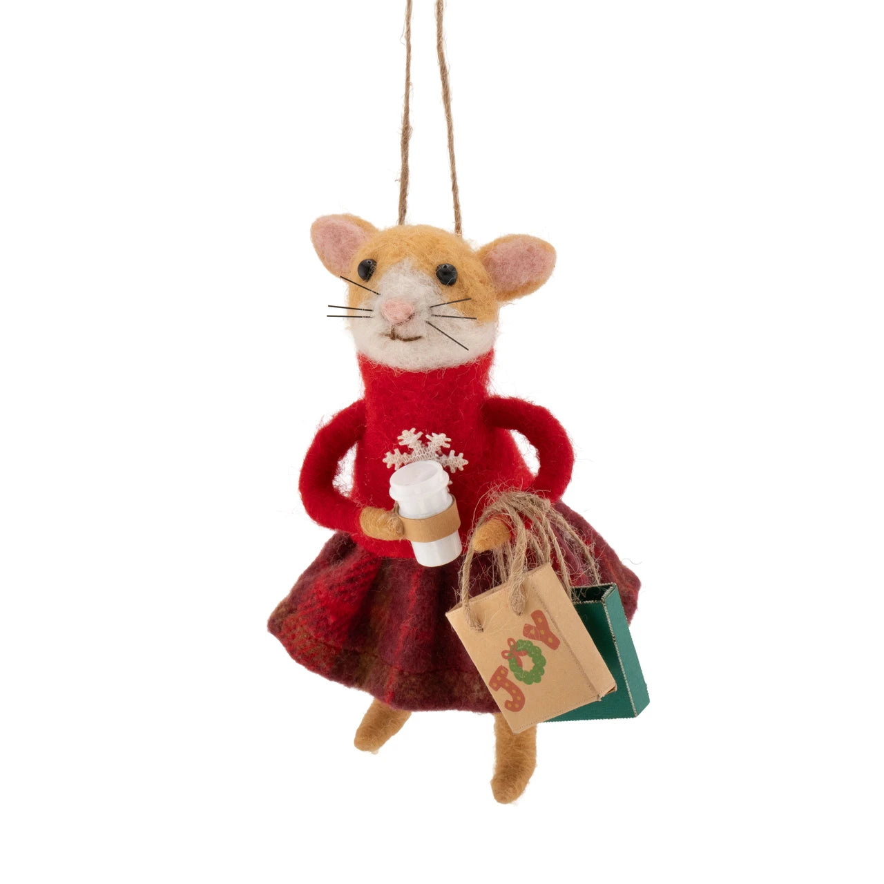 Felt mouse Christmas decoration wearing a red snowflake jumper and tartan skirt, holding shopping bags and a coffee cup.