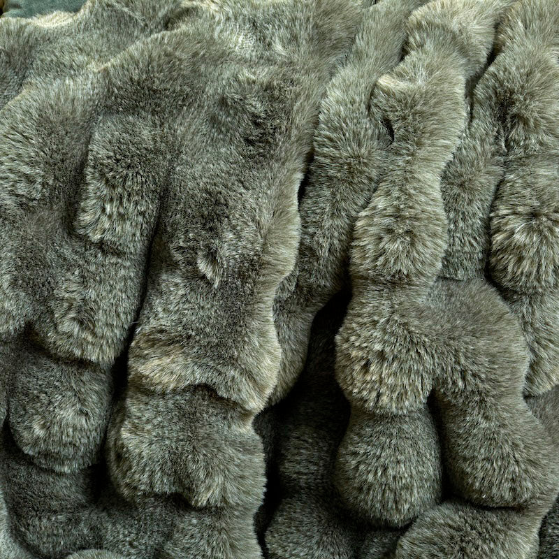Close-up of the sheared faux fur texture showing the feather-like depth and eucalyptus green colour