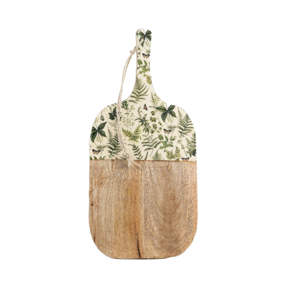 Rustic mango wood board with a green fern print enamel handle and jute rope loop on a white background.