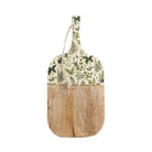 Rustic mango wood board with a green fern print enamel handle and jute rope loop on a white background.