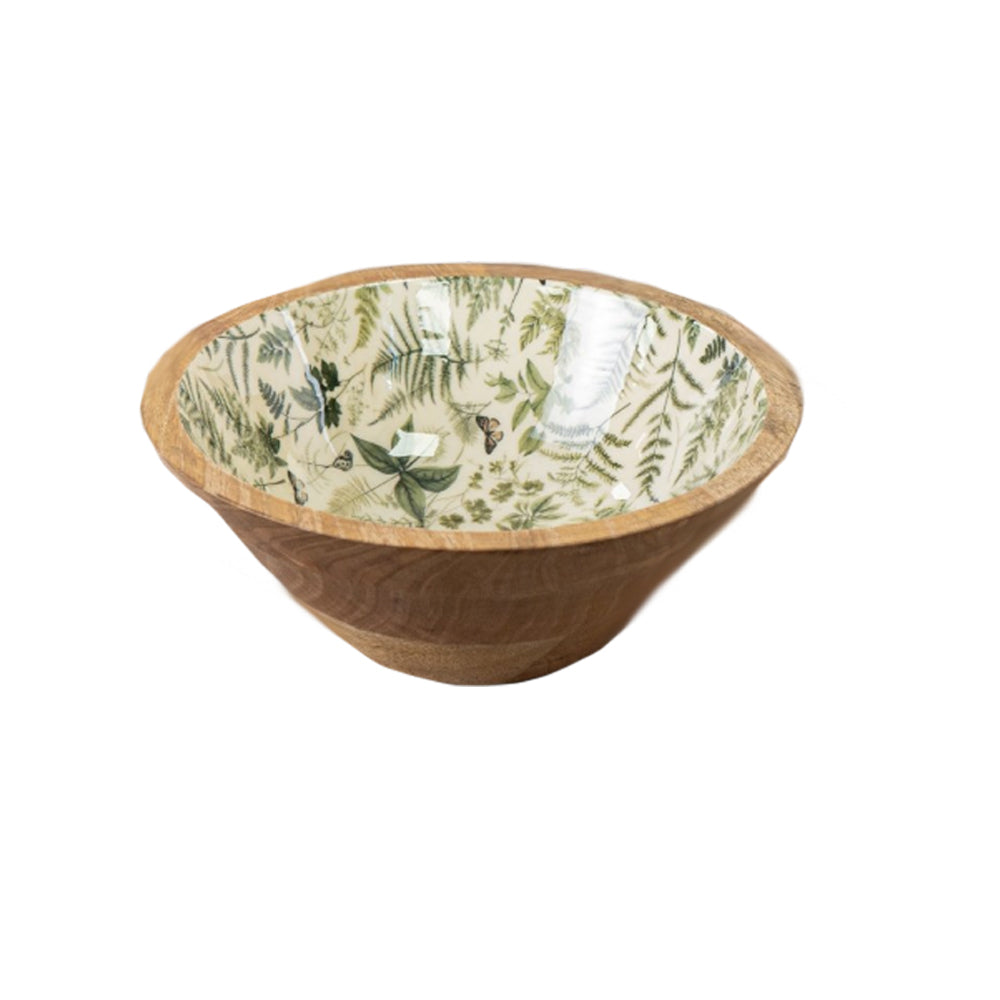 Mango wood bowl showing the natural grain exterior and a green fern and butterfly pattern inside.